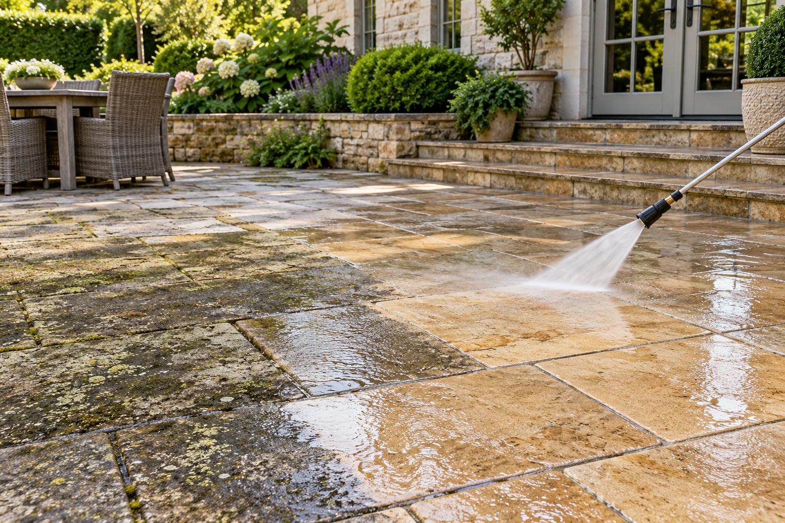 Stone patio in the process of cleaning