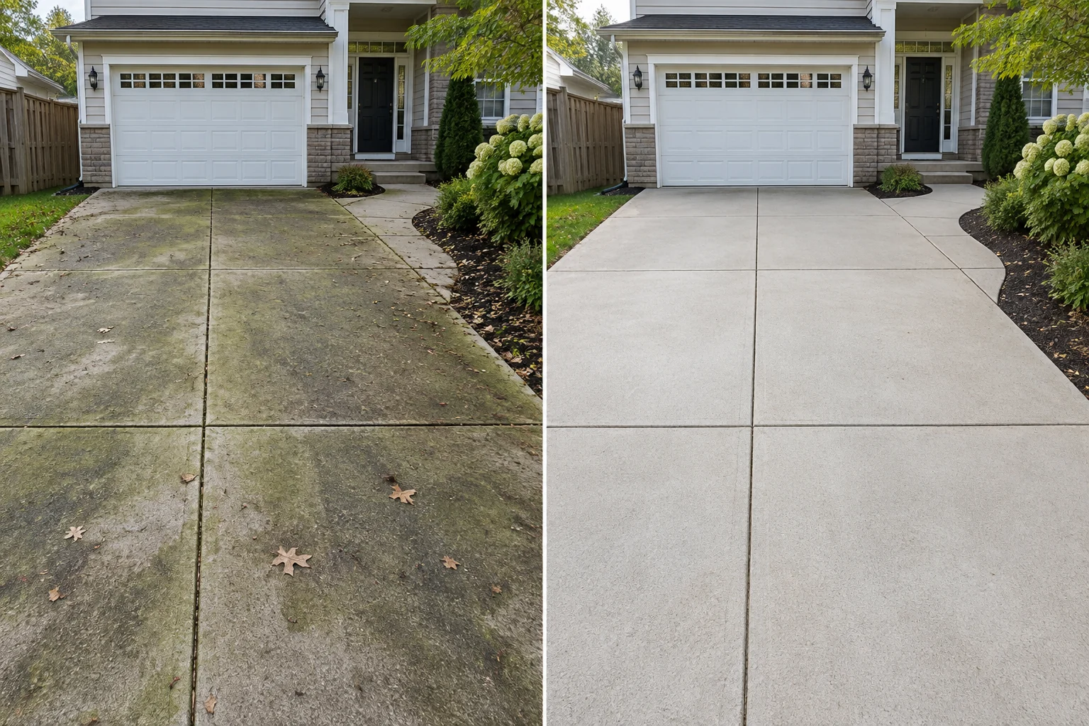 Illustrative matched comparison of a stained driveway before and after cleaning
