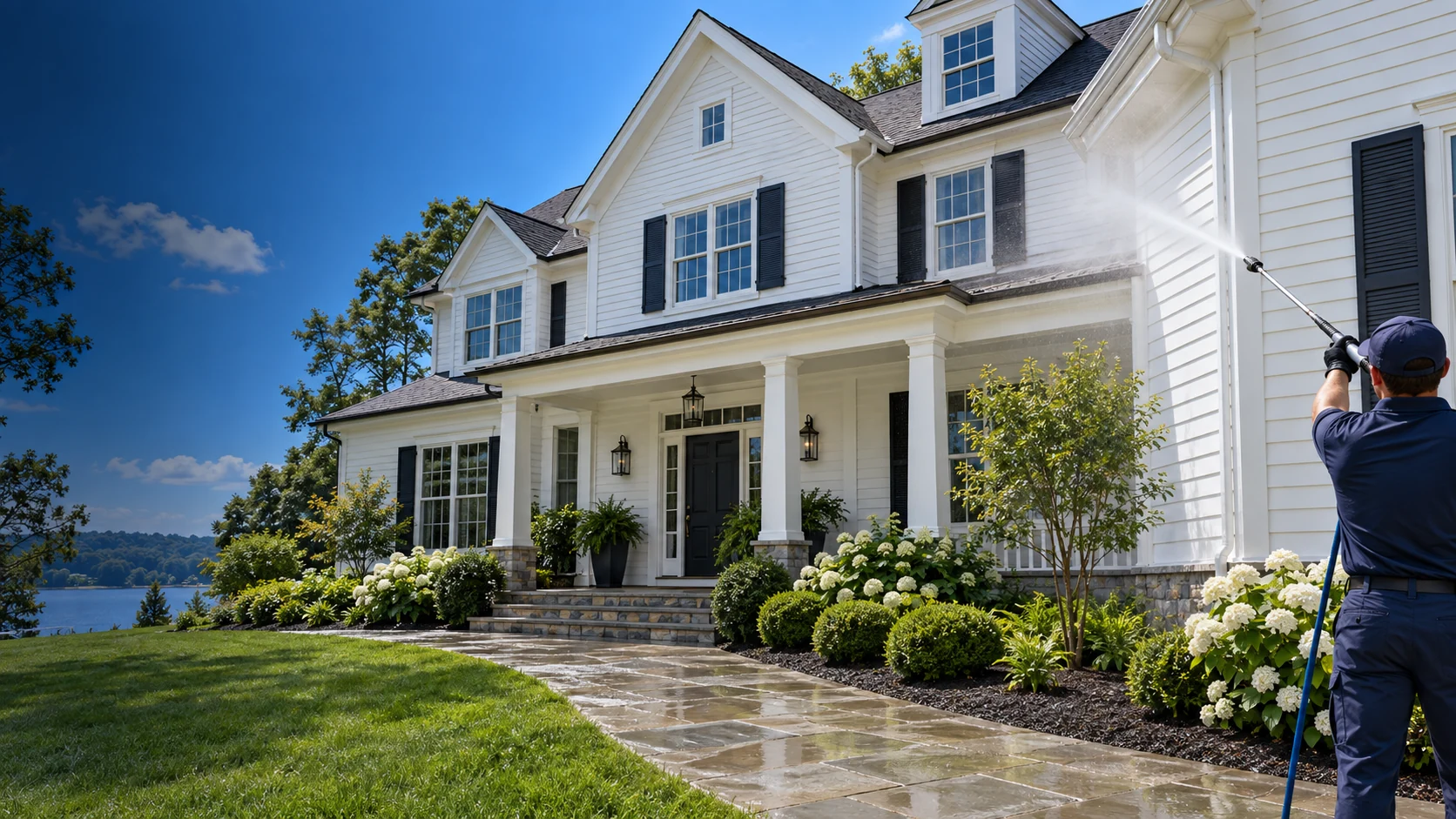 Home exterior being gently washed from a distance