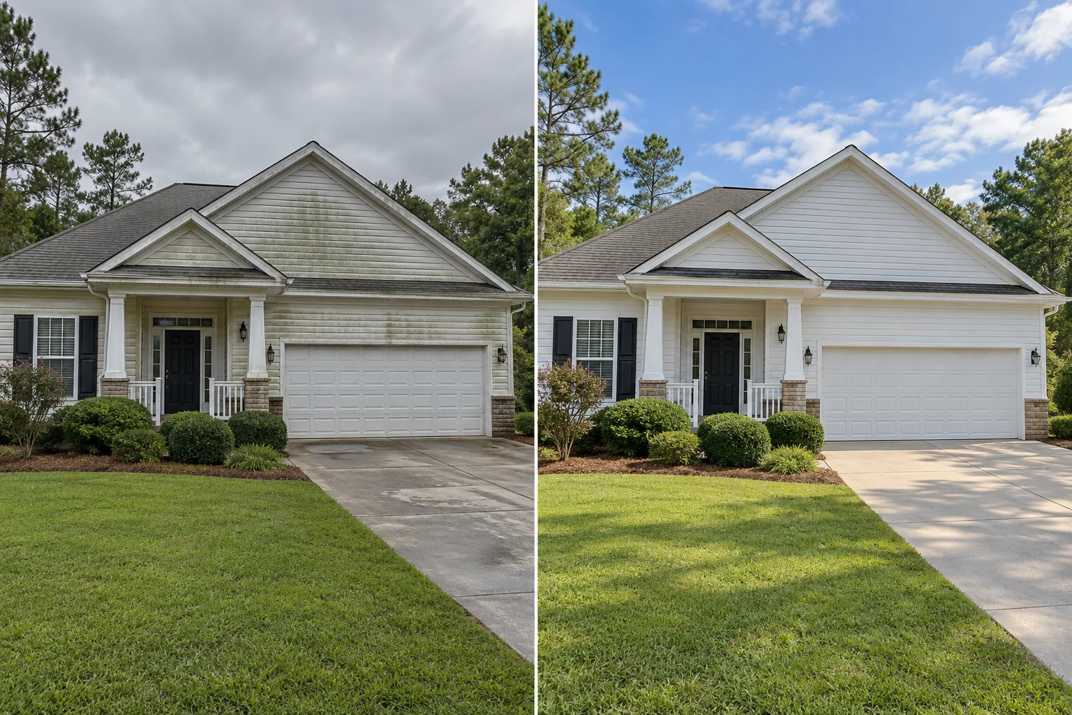 Illustrative matched comparison of a house exterior before and after soft washing