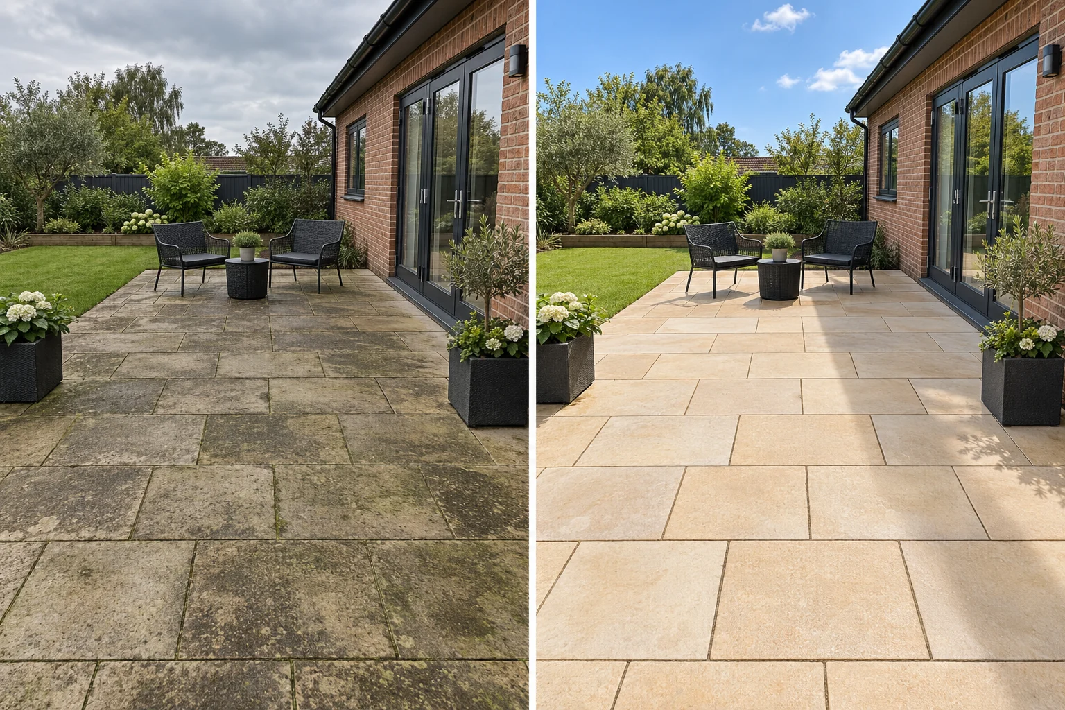 Illustrative matched comparison of a patio before and after cleaning