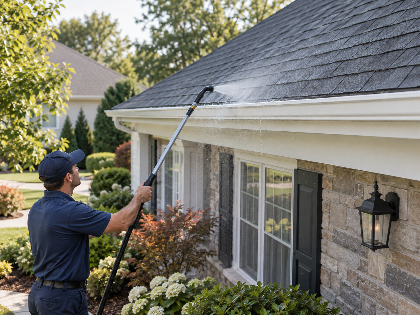 Roof and gutters being cleaned