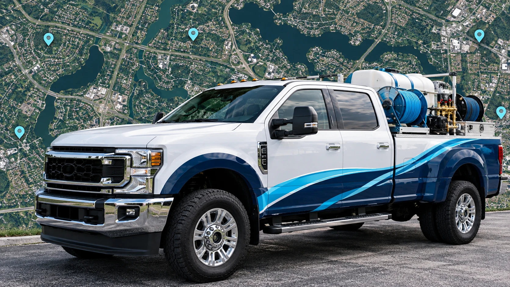 Illustrative pressure washing work truck against a road map
